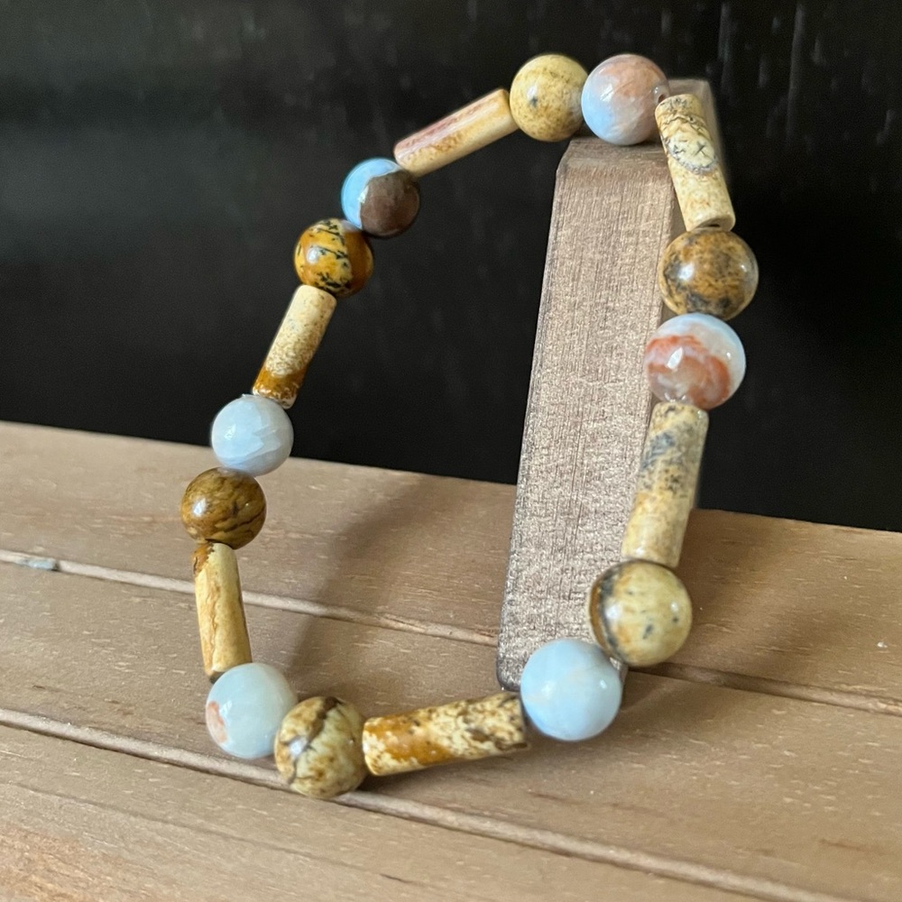 Picture Jasper With Blue Chalcedony Natural Stone Crystal Beaded Bracelet